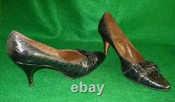 Dead Stock Vintage 60s Joseph LaRose Pumps Geller Leather Croc Effect Bow 8N Nos