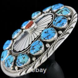 Native American Coral Turquoise Sterling Silver Dead Pawn 70s Vtg Belt Buckle