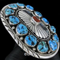 Native American Coral Turquoise Sterling Silver Dead Pawn 70s Vtg Belt Buckle