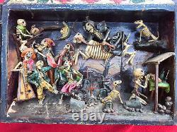 Peruvian Folk Art Day Of The Dead Celebrating Skeletons 3-D Retablo Scene