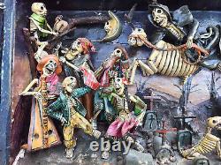 Peruvian Folk Art Day Of The Dead Celebrating Skeletons 3-D Retablo Scene