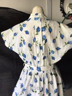 Vintage 1950s 50s Cotton Shirt Waist Dress Blue Roses Dead Stock B 40 W 32