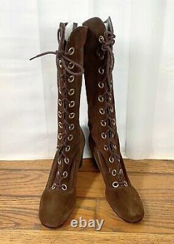 Vintage 1960s 1970s Dead Stock Granny Boots Lace Up Brown Suede 10 B NOS New