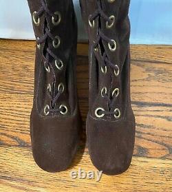 Vintage 1960s 1970s Dead Stock Granny Boots Lace Up Brown Suede 10 B NOS New