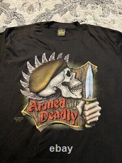 Vintage 80s 1988 3D Emblem Tag Armed Deadly XL T-Shirt Military Army Knife