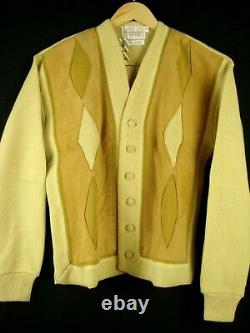 Vintage Dead Stock 60s Diamond Inlay Orlon Suede Leather Cardigan Sweater XL