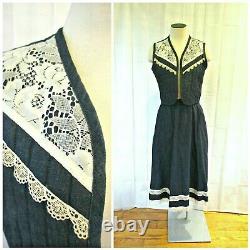 Vintage Gunne Sax Outfit Dead Stock Vest Skirt Set Blue Denim Off White Lace M