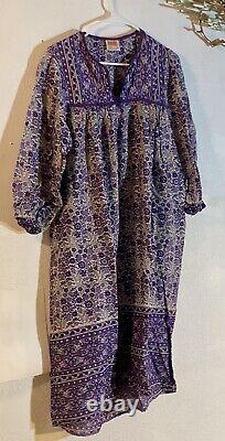 Vintage Hippie Bohemian Indian Cotton Block Print Kaiser Dress Large Dead Stock