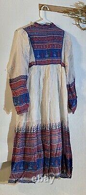 Vintage Hippie Bohemian Indian Cotton Block Print Kaiser Dress Large Dead Stock