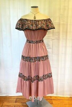 Vintage Off the Shoulder Dress 1970s Dead Stock Sundress 38 Dusty Rose NOS NWT L