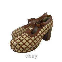 Vintage RED OR DEAD 90's does 70's Brown Woven Leather T-Strap Platforms Pumps
