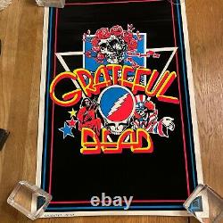 Vintage Rock & Roll Grateful Dead Logo Skull Roses Flocked Black Light Poster