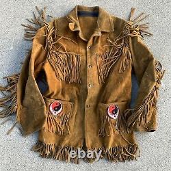 Vtg 60s 70s Leather Fringe Western Motorcycle Jacket Grateful Dead Stealie Patch
